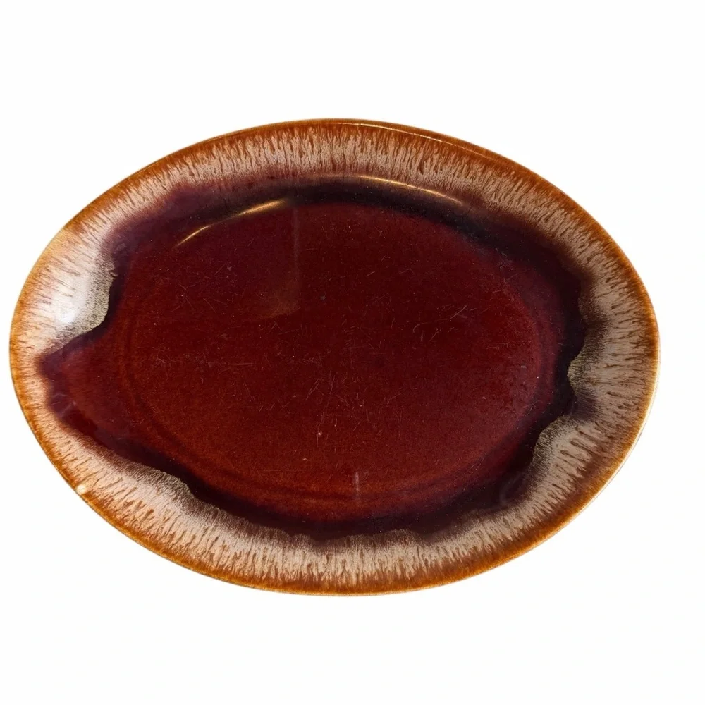 Vintage USA Brown Drip Glaze Oval Serving Platter 13x10 Stoneware Pottery Dish